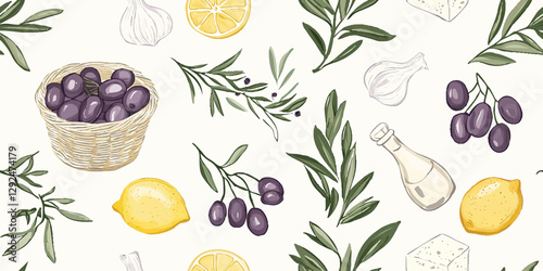 Mediterranean food seamless pattern. Elegant cuisine repeat background for kitchen, restaurant, design, textile, packaging, fabric, wallpaper, packaging, branding, stationery, wrapping paper, interior