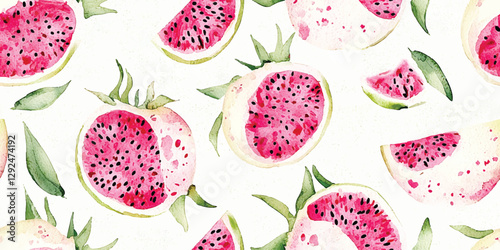 Watercolor dragon fruit seamless pattern. Exotic pitaya repeat background for summer, kitchen, design, textile, packaging, fabric, wallpaper, packaging, branding, stationery, wrapping paper, interior