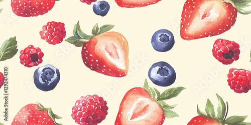 Watercolor berry seamless pattern. Summer fruit repeat background for kitchen, design, packaging, fabric, wallpaper, packaging, branding, stationery, wrapping paper, interior