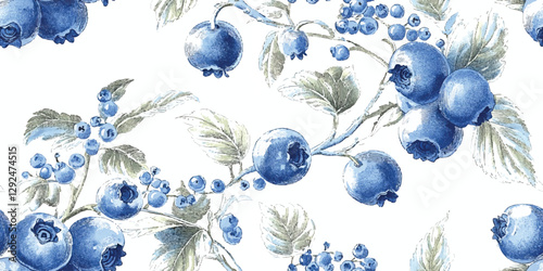 Watercolor blueberry seamless pattern. Elegant berry repeat background for summer, kitchen, restaurant, menu design, packaging, fabric, wallpaper, branding, stationery, wrapping paper, interior