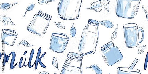 Seamless vector pattern with watercolor milk jars, bottles, leaves, splashes in blue tones. Dairy product background for packaging, kitchen decor, fabric, branding, menu design, food related projects