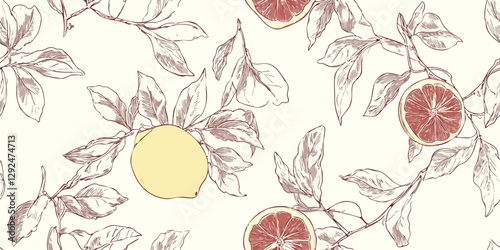 Seamless vintage botanical vector pattern with lemons, grapefruit, citrus tree branches. Elegant fruit design for packaging, fabric, wallpaper, branding, stationery, wrapping paper, kitchen decor