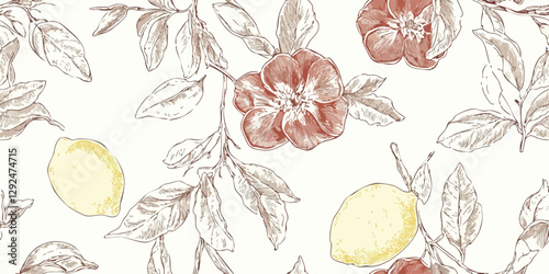 Seamless vintage botanical vector pattern with lemons, grapefruit, citrus tree branches. Elegant fruit design for packaging, fabric, wallpaper, branding, stationery, wrapping paper, kitchen decor
