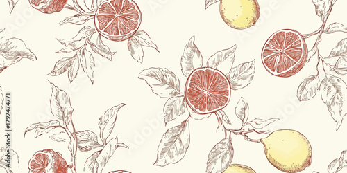 Seamless vintage botanical vector pattern with lemons, grapefruit, citrus tree branches. Elegant fruit design for packaging, fabric, wallpaper, branding, stationery, wrapping paper, kitchen decor