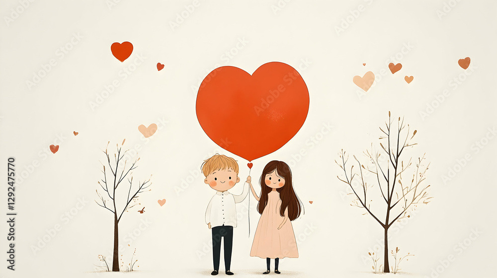 Cute Couple with Heart Balloon Surrounded by Floating Hearts in Minimalist Style Illustration Cute Couple with Heart Balloon Surrounded by Floating Hearts in Minimalist Style Illustration