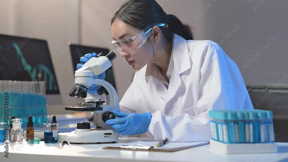 A woman in a lab coat is looking through a microscope. She is wearing blue gloves and has a serious expression on her face. The lab is filled with various scientific equipment and materials