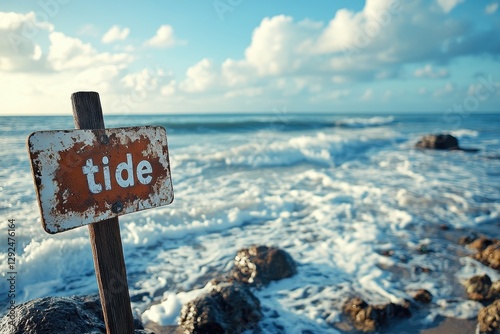 Aging Rusty Tide Sign By Rocky Seashore on a Sunny Day with Rolling Waves and Scattered Clouds in the Sky, Capturing Coastal Nature Vibes