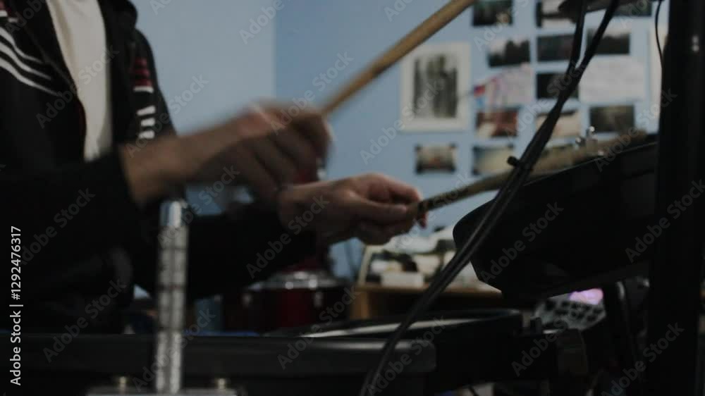 Manos de un baterista mexicano ensayando en su estudio en casa. 