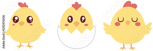 Set of cute yellow little cartoon chick isolated on background.