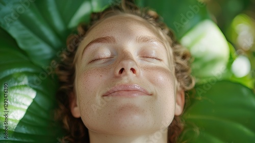 Woman relaxing on leaves, peaceful serenity, nature, sunlight photo