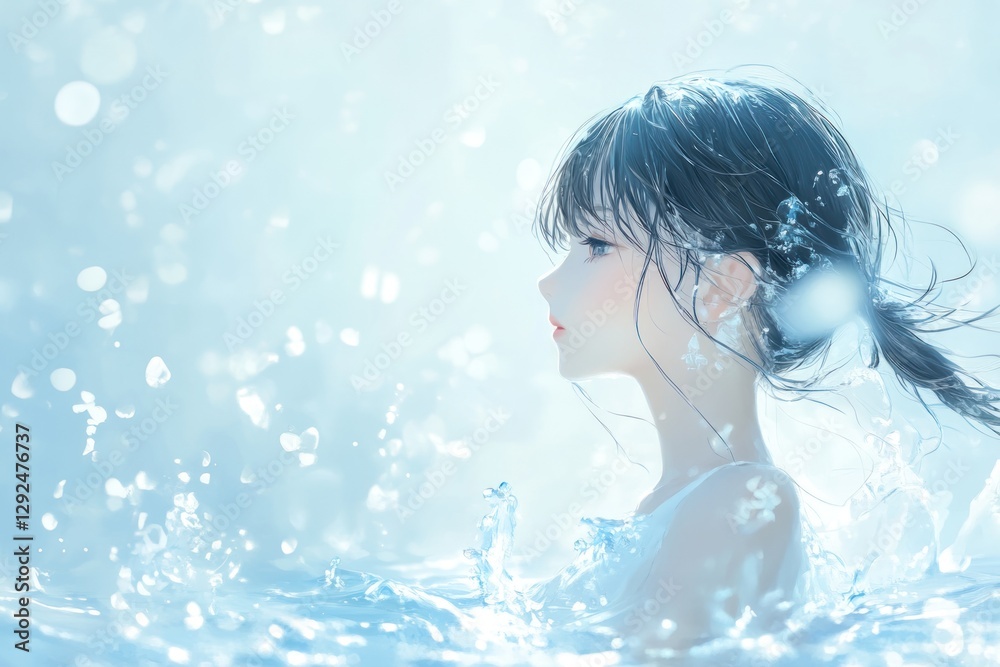 Serene Anime Girl Water Splash Illustration Soft Blue Hues Serene Anime Girl Water Splash Illustration Soft Blue Hues