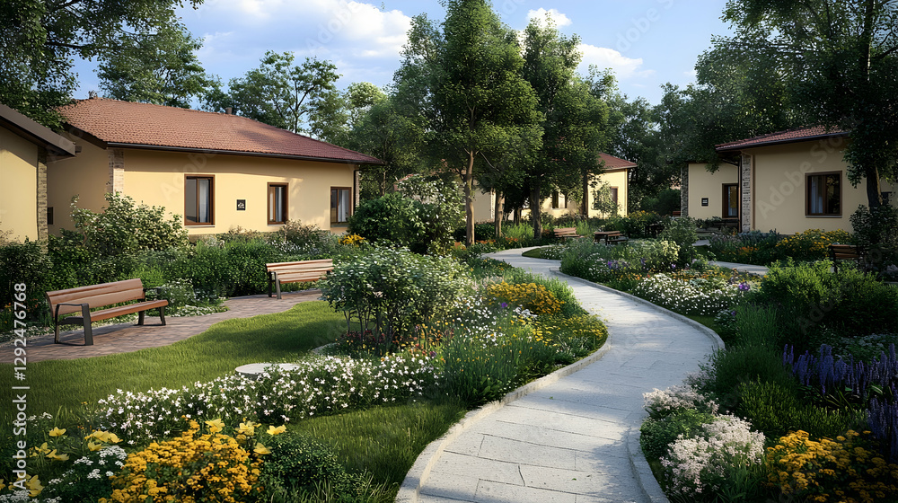 Serene Garden Pathway Among Modern Bungalows Surrounded by Lush Greenery and Vibrant Flowers Serene Garden Pathway Among Modern Bungalows Surrounded by Lush Greenery and Vibrant Flowers