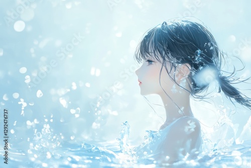 Serene Anime Girl Water Splash Illustration Soft Blue Hues