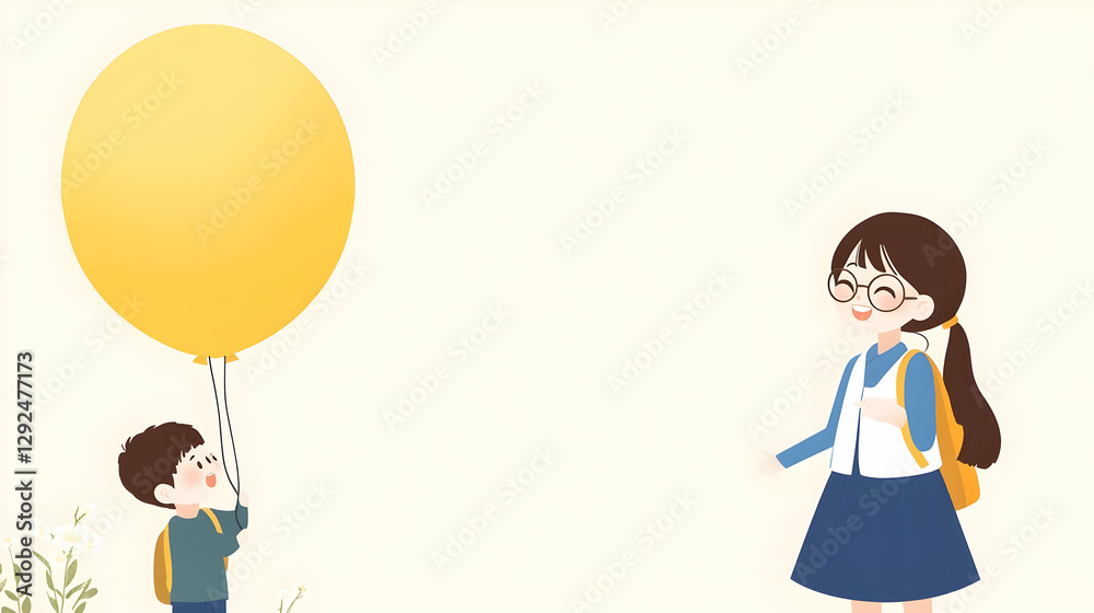 Happy Child with Yellow Balloon and Smiling Parent in a Cheerful Illustration Setting Happy Child with Yellow Balloon and Smiling Parent in a Cheerful Illustration Setting