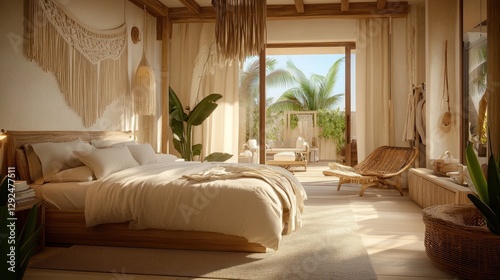 Serene Beach House Bedroom Beige Linen Bedding Tropical View