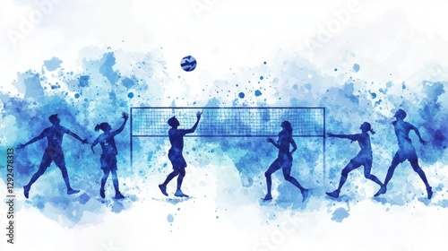 Watercolor Silhouette of Volleyball Players in Action