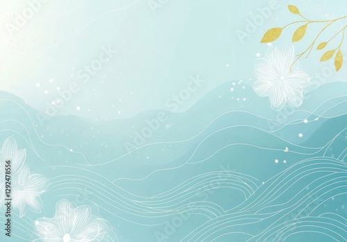 Serene Blue Landscape Gold Floral Design Subtle Waves Background