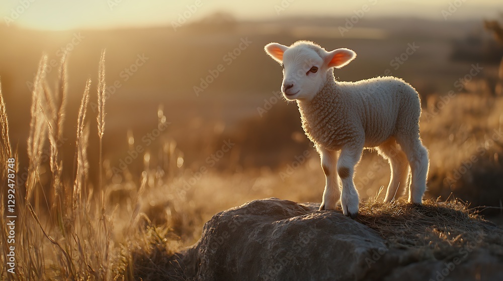 A young sheep standing on a rocky outcrop during sunset, surrounded by tall grass and a soft golden light illuminating its wool A young sheep standing on a rocky outcrop during sunset, surrounded by tall grass and a soft golden light illuminating its wool