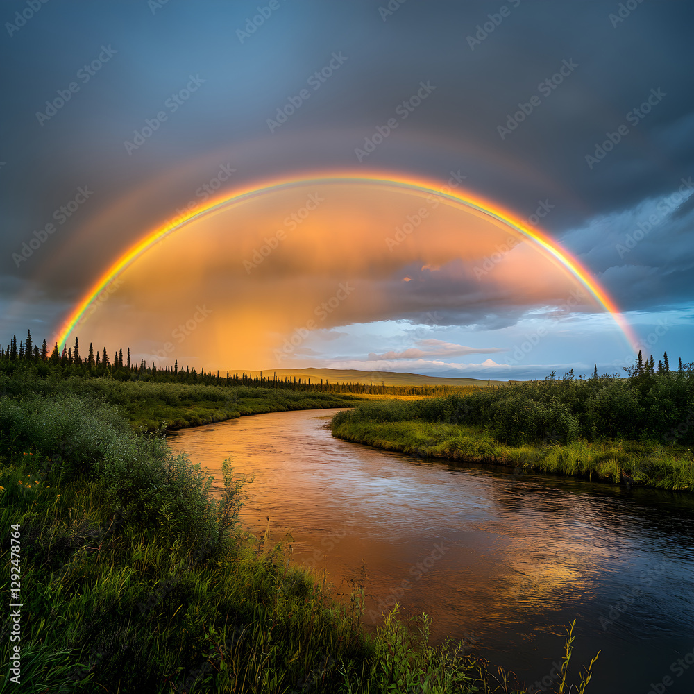 Naklejka premium Rare Encounter: Double Rainbow Over Pristine Wilderness Creates a Magical and Awe-Inspiring Scene