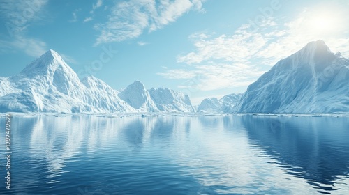Melting ice sheet with rising water, arctic landscape, climate change impact.