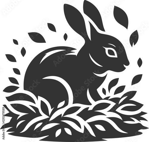 Rabbit playing in a pile of leaves animal vector silhouette