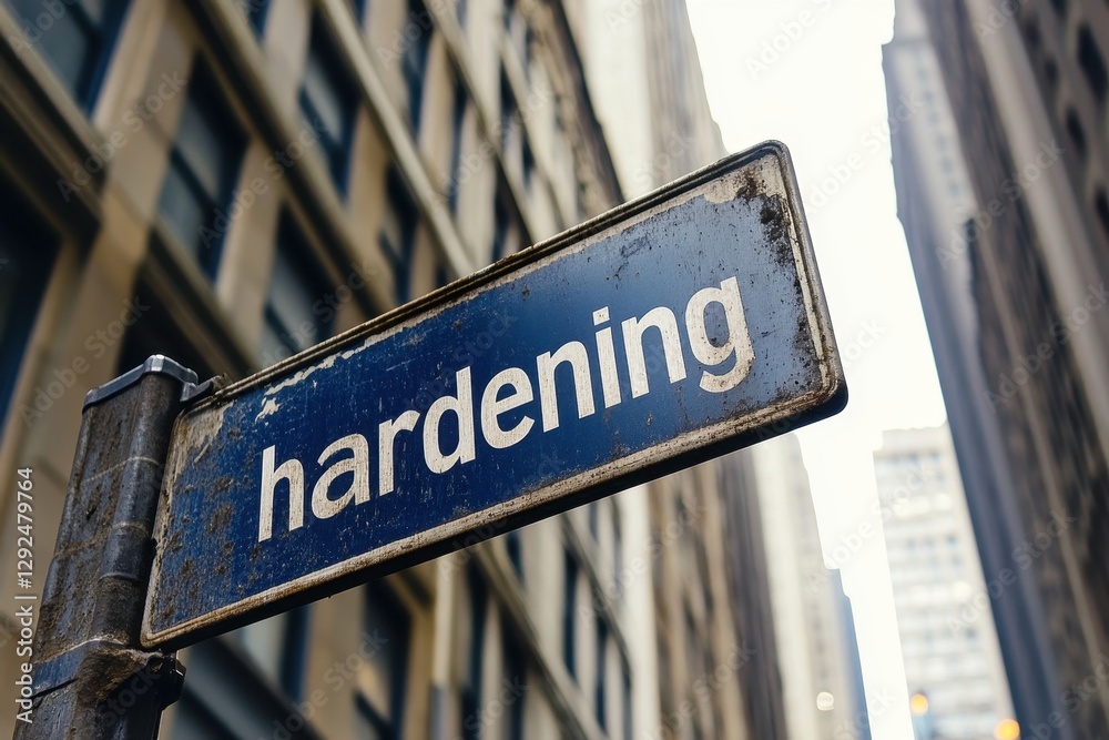 Fototapeta premium Close-Up View of a Weathered Street Sign with Text Against a Backdrop of Skyscraper Buildings in an Urban Cityscape During Daytime