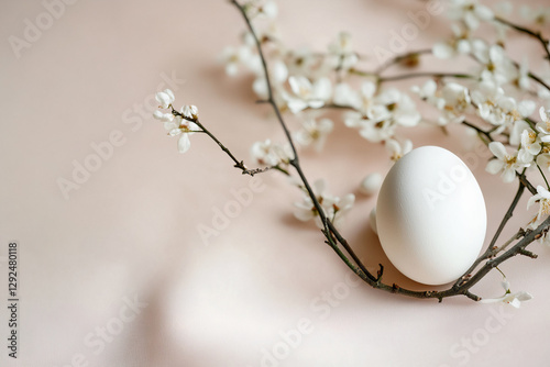 White egg and flowers - Easter concept.