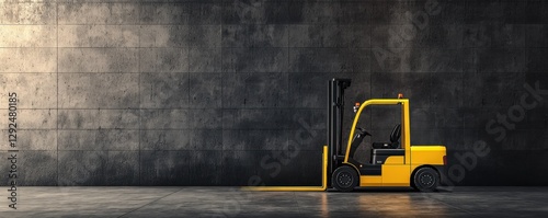A bright yellow forklift parked against a textured grey wall in an industrial setting.