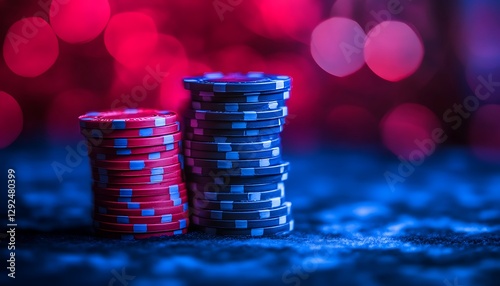 Poker chips stacks in casino, night game
