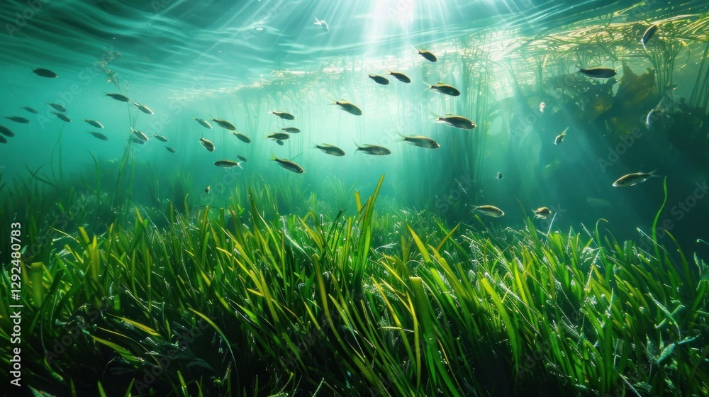 Fototapeta premium Underwater Serenity: Sunlit Seagrass Meadow with Fish