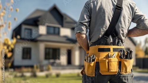 Craftsman inspecting new home construction, suburban yard
