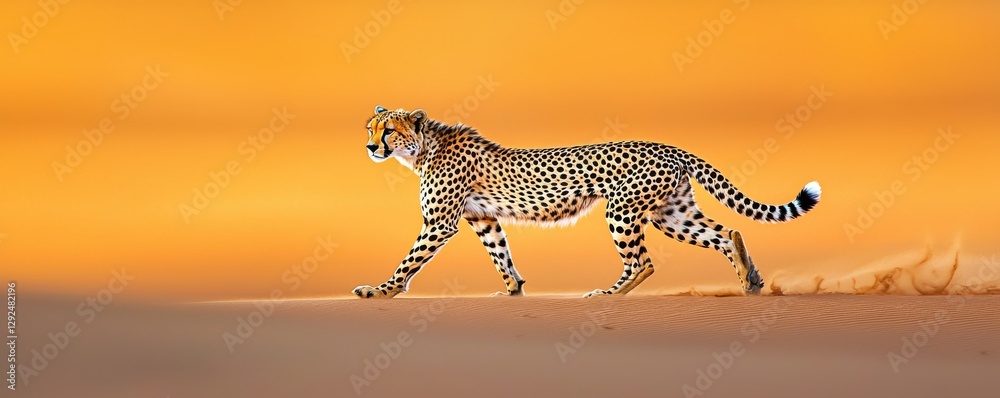 Obraz premium A graceful cheetah strides across the golden desert landscape at sunset.