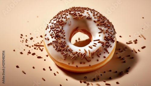 Hole Vanilla Donut with Chocolate Sprinkles on Cream Background Isolated