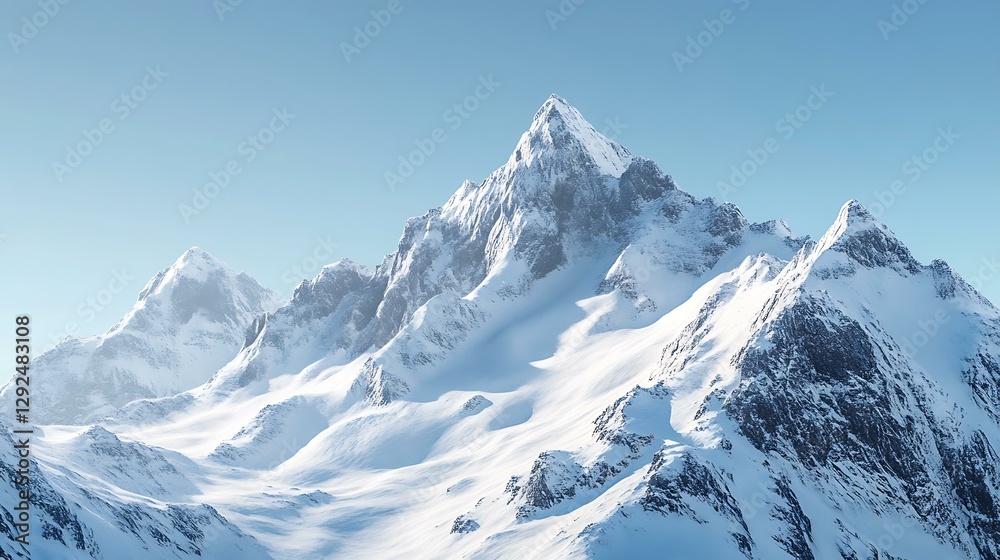 Snow-covered mountain peaks under a clear blue sky, with sharp, high-resolution details of icy textures Snow-covered mountain peaks under a clear blue sky, with sharp, high-resolution details of icy textures