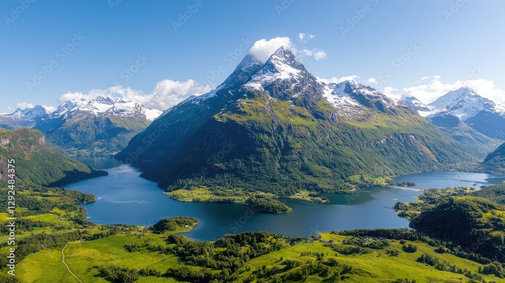 Panoramic view of snow-capped mountain, fjord, and valley Panoramic view of snow-capped mountain, fjord, and valley