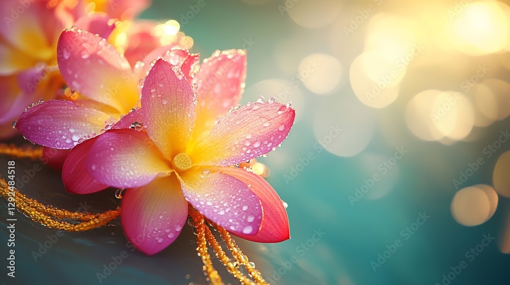 Fototapeta premium Vibrant lotus garland with silk ribbons and water droplets, celebrating the essence of Thai Water Festival.