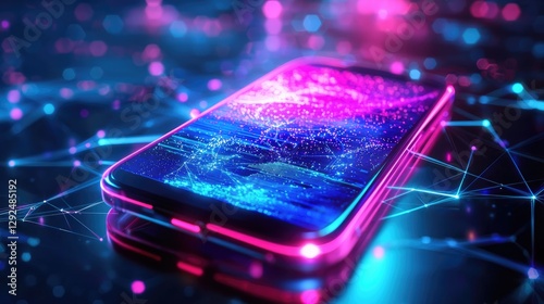 Glowing smartphone displays a network of digital connectivity and innovation