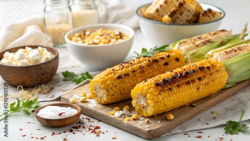 Grilled Corn Delight: A delectable assortment of grilled corn on the cob, artfully arranged with supporting ingredients, creating a mouthwatering tableau. 