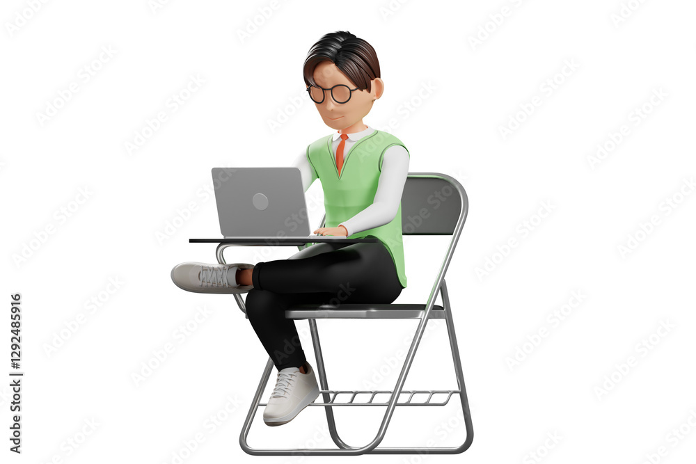 School uniform male using a laptop 3D Character Illustration. School uniform male using a laptop 3D Character Illustration.