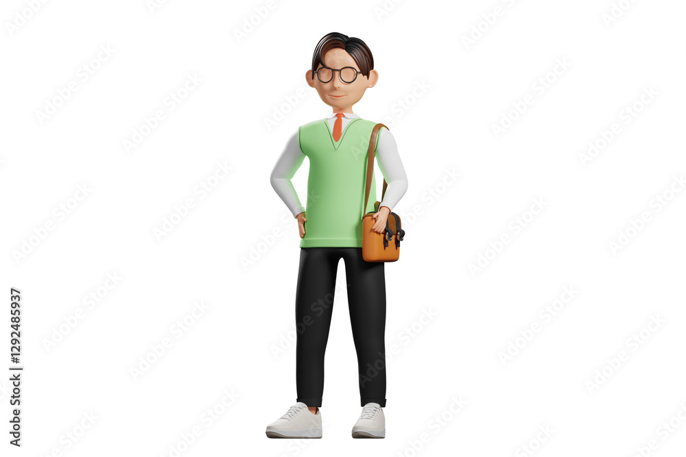 School uniform male walking while carrying a bag 3D Character Illustration. School uniform male walking while carrying a bag 3D Character Illustration.