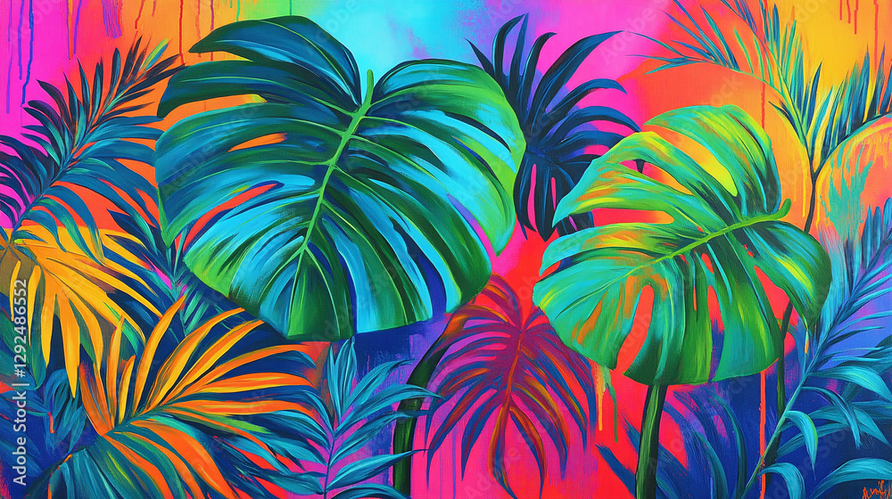 A vibrant tropical leaf pattern with monstera, ferns, and palm fronds on a bold, colorful backdrop, exuding an exotic, lively vibe. A vibrant tropical leaf pattern with monstera, ferns, and palm fronds on a bold, colorful backdrop, exuding an exotic, lively vibe.