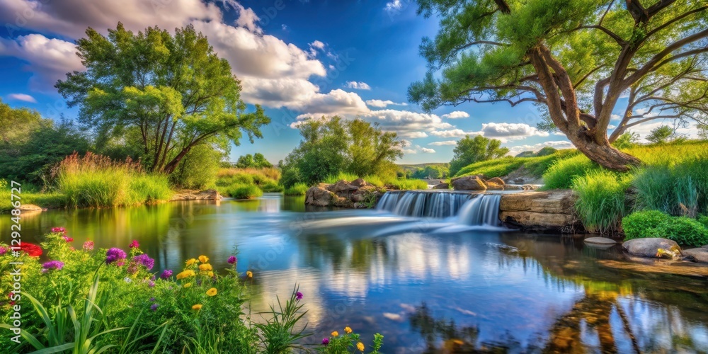 Fototapeta premium Serene River Scene with Lush Greenery, Cascading Waterfall, and Vibrant Wildflowers Under a Summer Sky