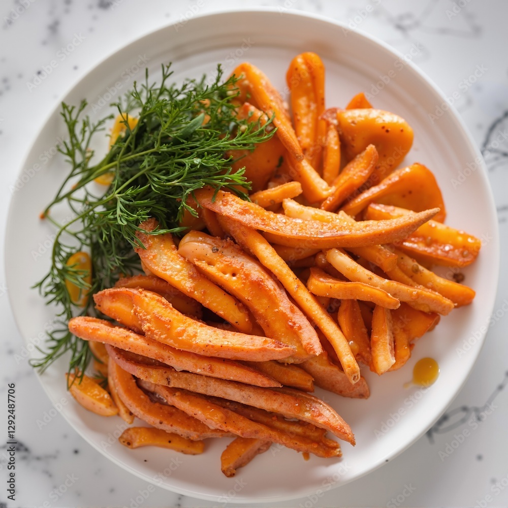 A plate of caramelized sweet potato fries with microgreens on the side, placed against a white marble background, shot from above in a close-up view to capture its vibrant orange color A plate of caramelized sweet potato fries with microgreens on the side, placed against a white marble background, shot from above in a close-up view to capture its vibrant orange color