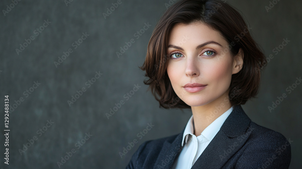 Portrait of a confident woman in a business suit, with subtle makeup and minimal accessories, captured in natural light for a high-quality stock photo. Portrait of a confident woman in a business suit, with subtle makeup and minimal accessories, captured in natural light for a high-quality stock photo.