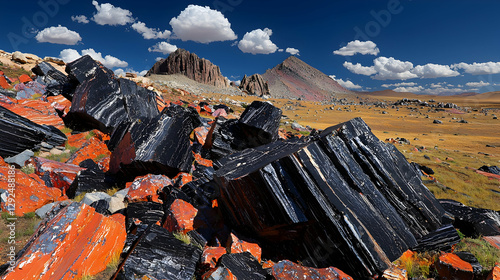 Black and red petrified wood, desert landscape, mountains background, nature geology