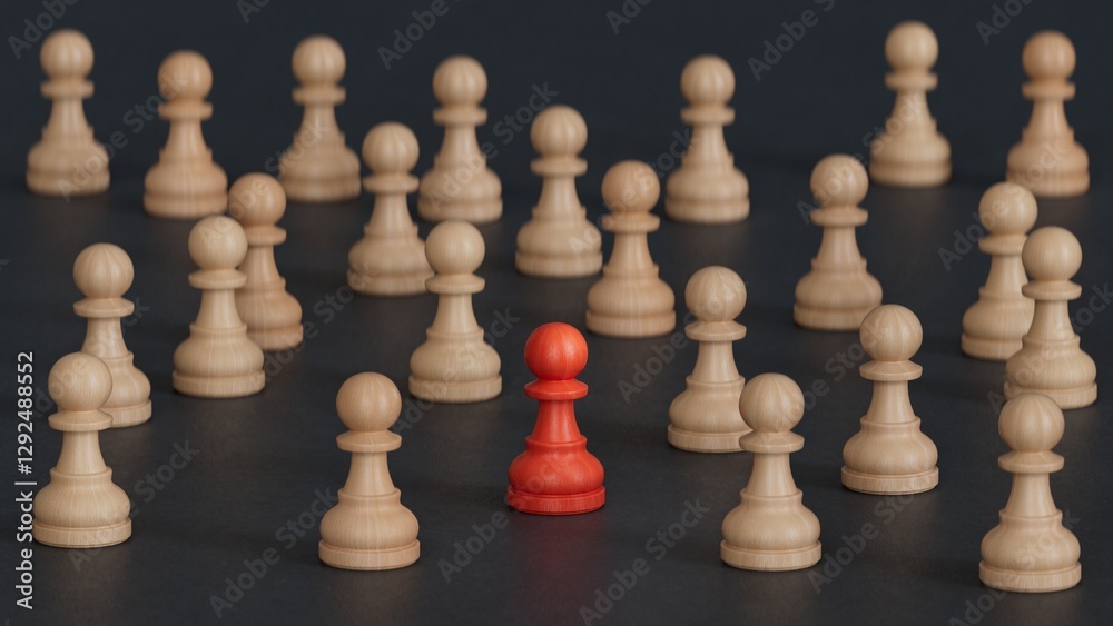 Leadership concept, red pawn of chess, standing out from the crowd of pawns.Leadership with business success concept. Made and rendered in C4D, not AI. Leadership concept, red pawn of chess, standing out from the crowd of pawns.Leadership with business success concept. Made and rendered in C4D, not AI.