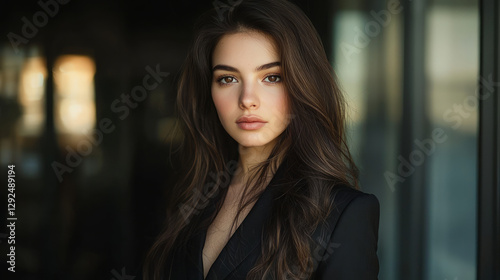 Wallpaper Mural Portrait of a beautiful brunette woman in a black suit, with brown eyes and long hair, generative AI Torontodigital.ca