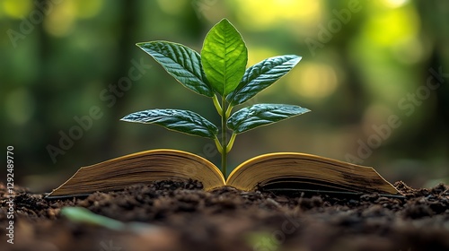 Sapling grows from open book, forest background, education