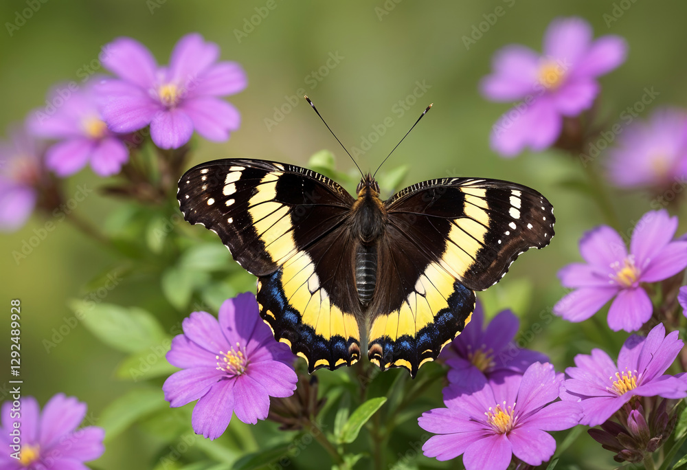 Naklejka premium A black and yellow butterfly with a unique wing pattern perched on a purple flower