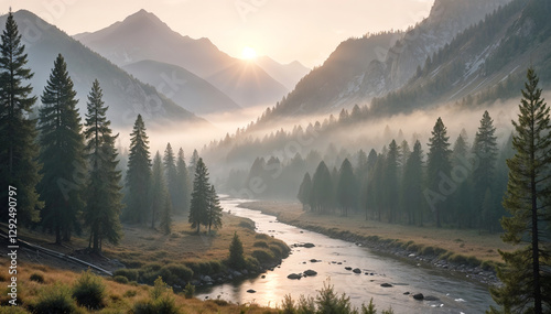 A tranquil landscape of a winding river flowing through a misty forested valley surrounded by towering mountains with warm sunlight in the background